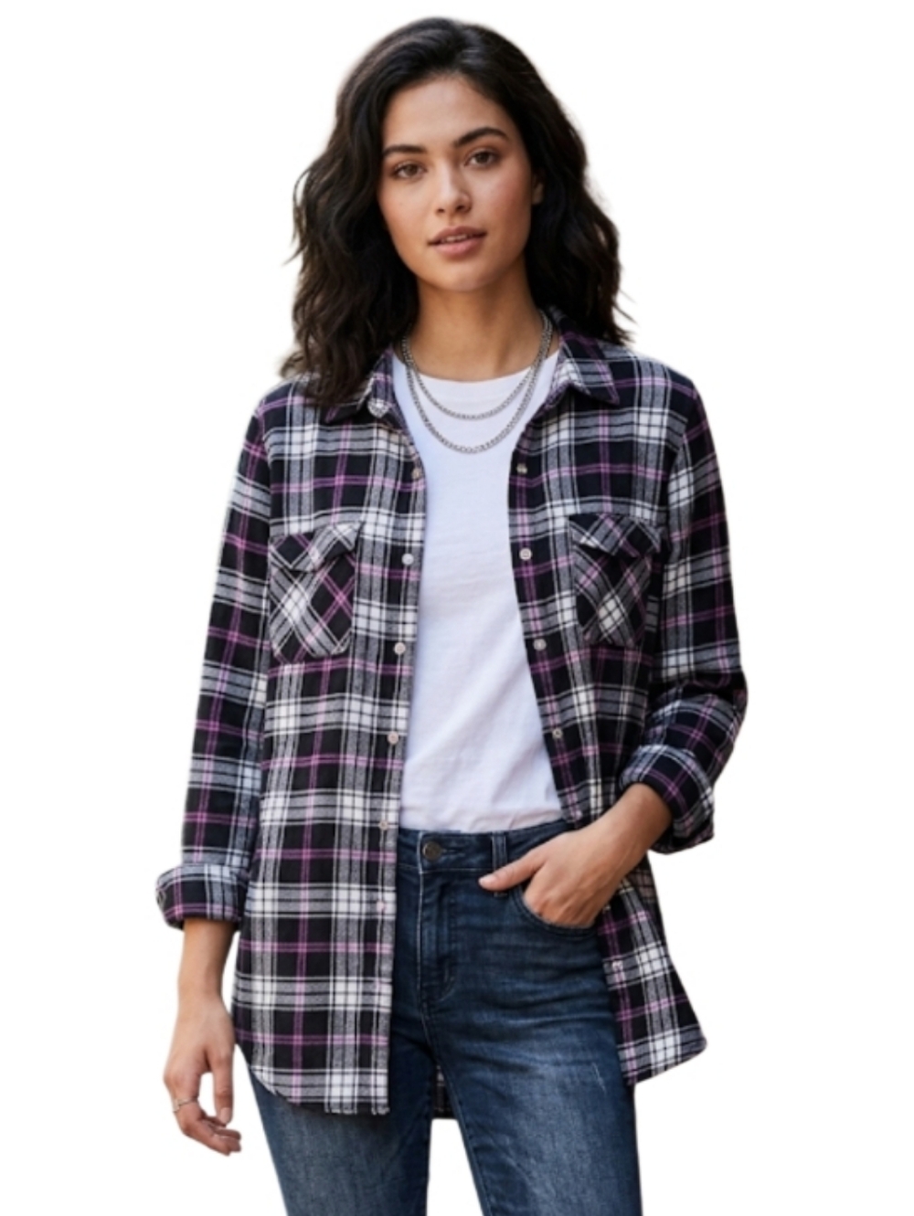 "Nobo" Purple/Black Plaid Flannel Snap Top Jr 7/9